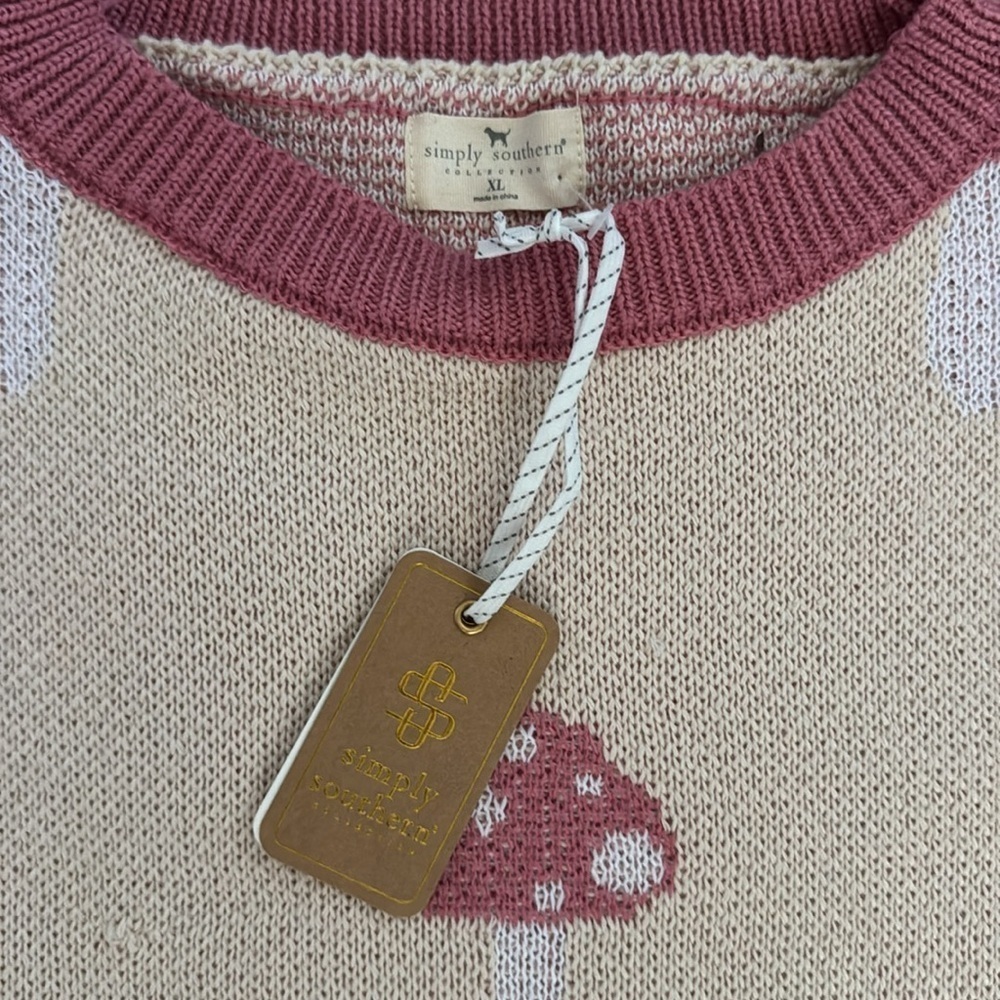 Simply Southern | Mushroom Crew Neck Sweater | Pink/Cream | Size XL - Picture 2 of 7